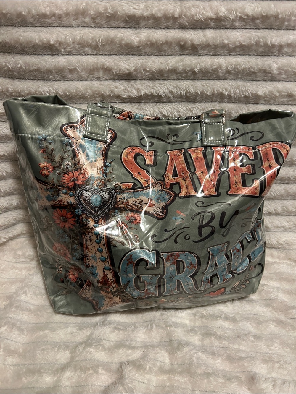 Saved By Grace Floral Cross Tote Bag - Light Green